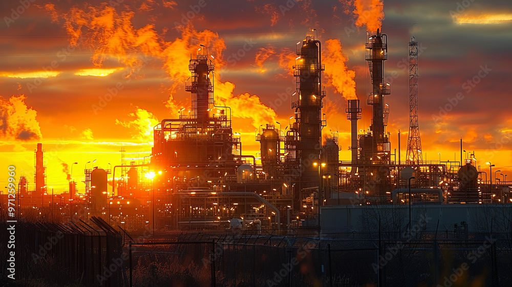 Fototapeta premium Industrial refinery with numerous chimneys bright lights night, emitting smoke during picturesque