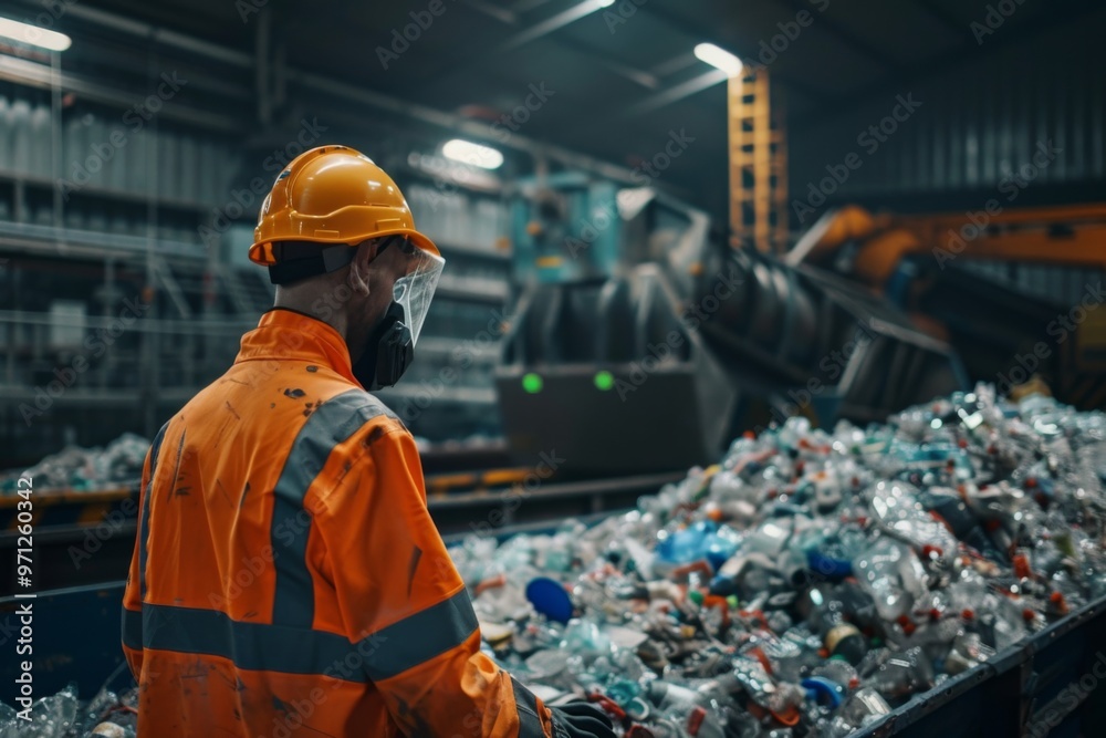 Worker in safety gear operating machinery inside a plastic recycle factory Worker in safety gear operating machinery inside a plastic recycle factory