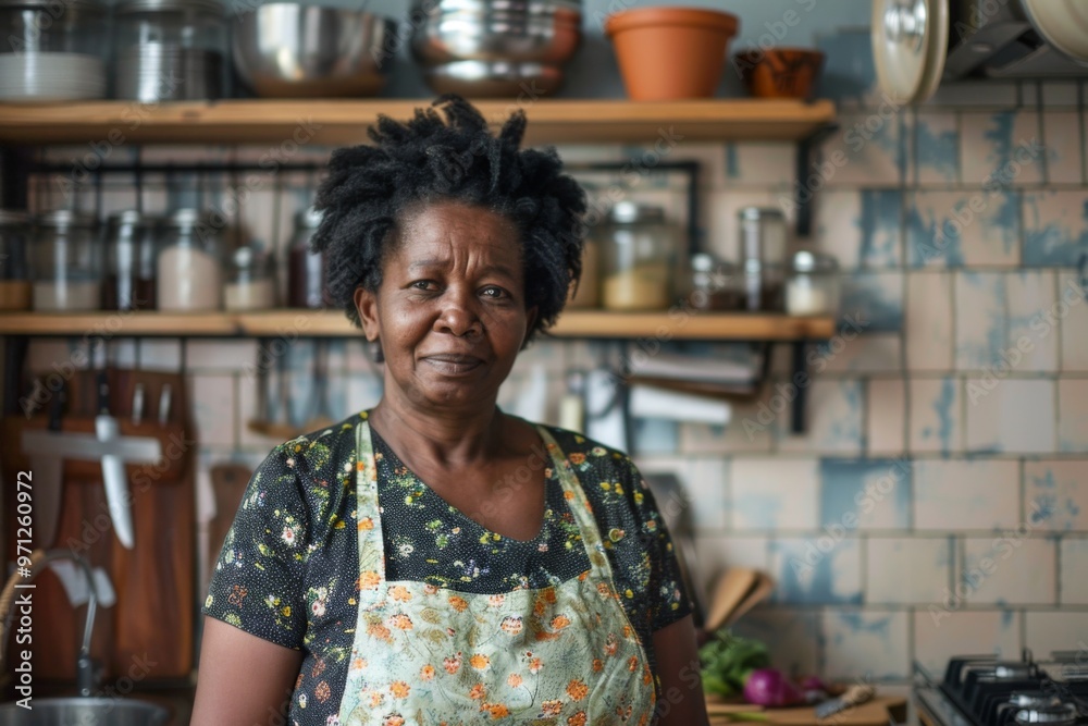 Fototapeta premium Portrait of a middle aged black woman in zero waste kitchen