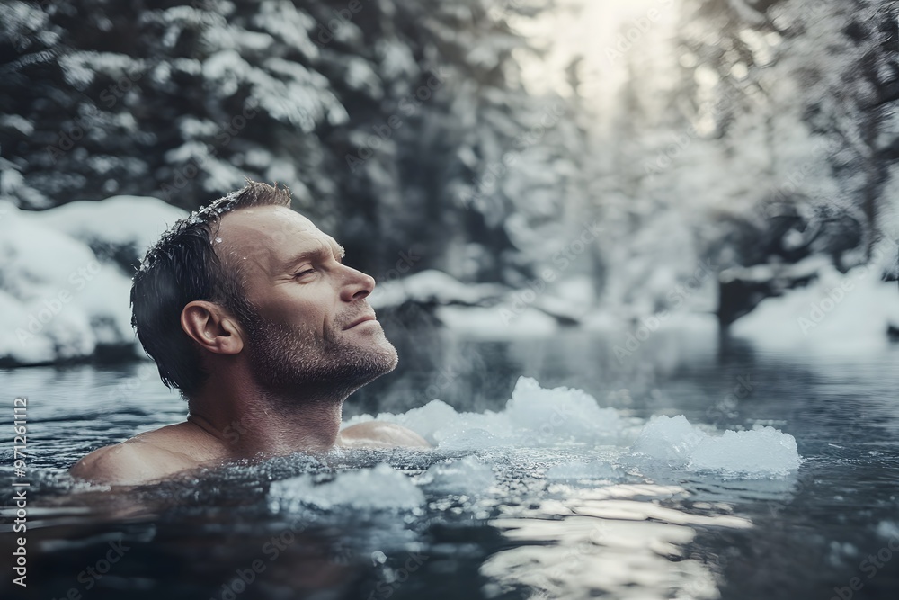 Man relaxes in a natural hot spring in winter. Man relaxes in a natural hot spring in winter.