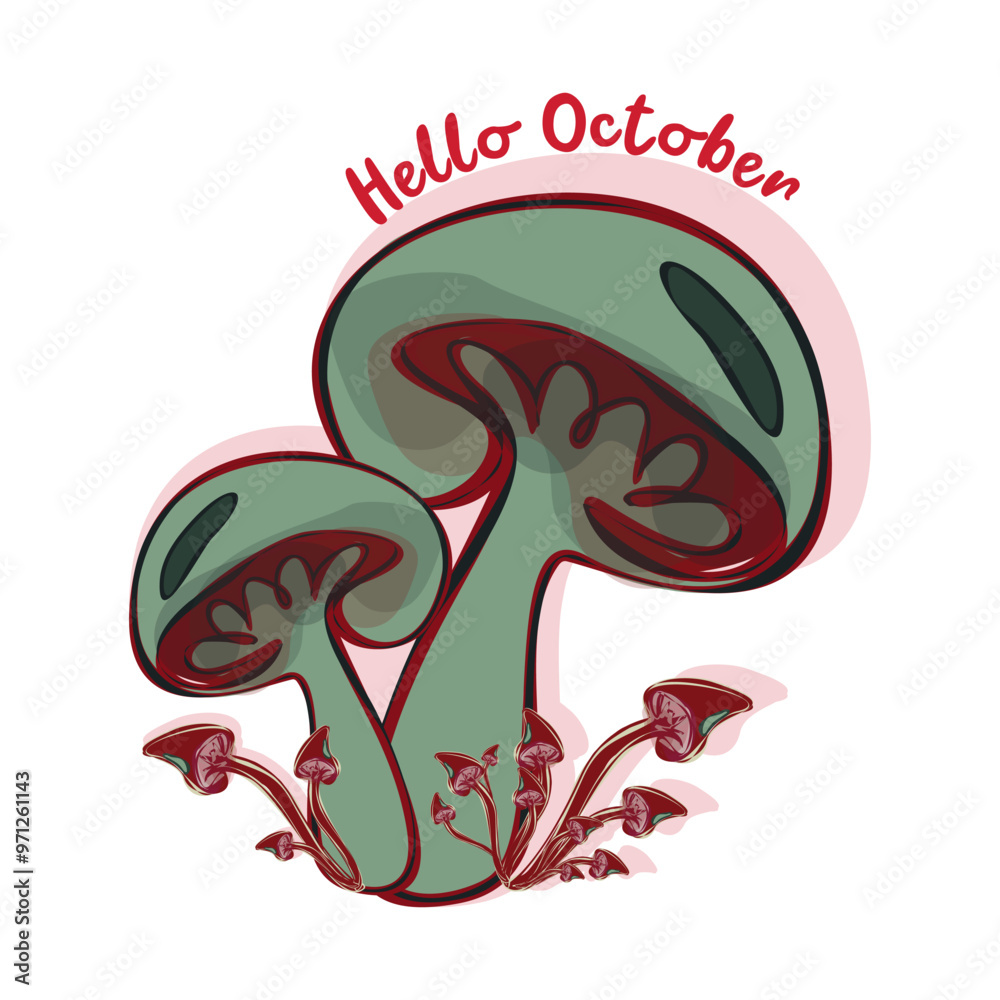 Obraz premium Hello October. Hello autumn. Template with colorful mushrooms and modern hand lettering. Sketch, design elements. Vector illustration suitable for card, banner, poster