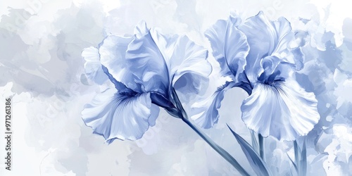A delicate illustration of light blue irises against a soft, abstract background.