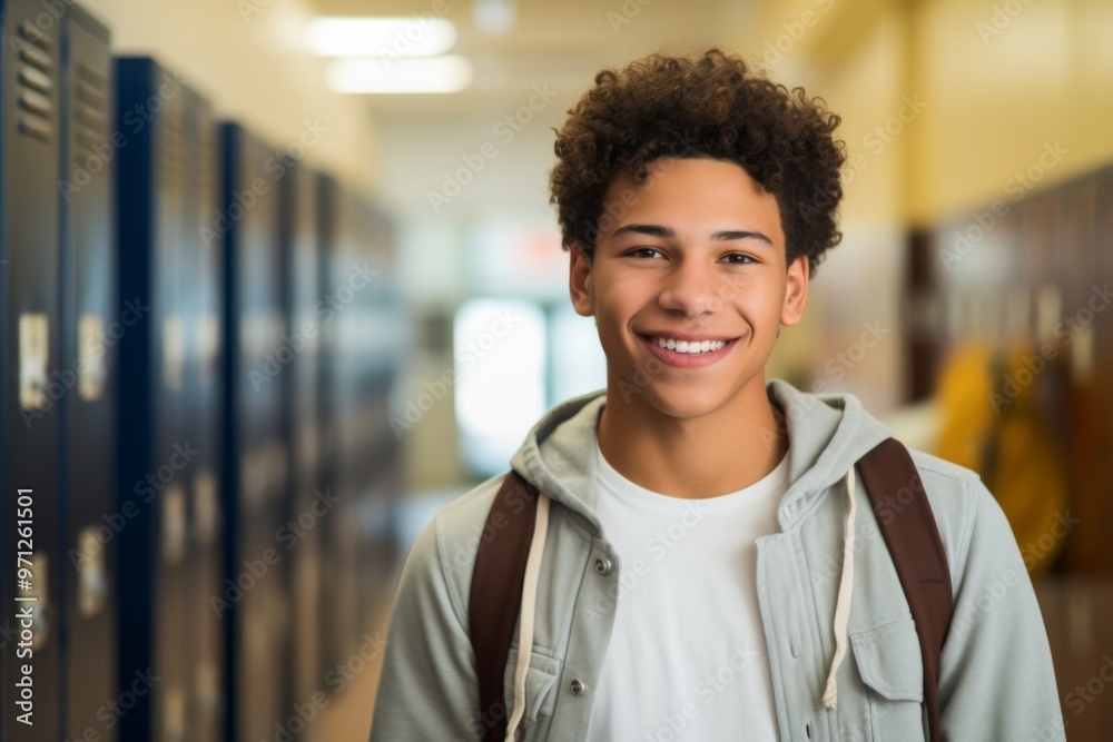 Portrait of a smiling female high school student in hallway Portrait of a smiling female high school student in hallway