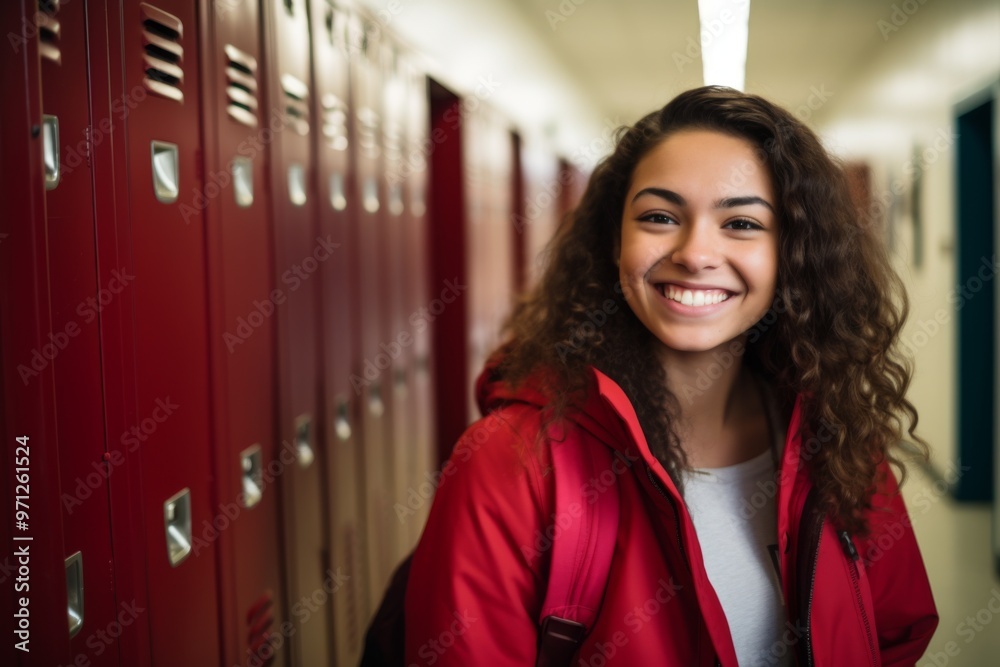 Portrait of a smiling female high school student in hallway Portrait of a smiling female high school student in hallway