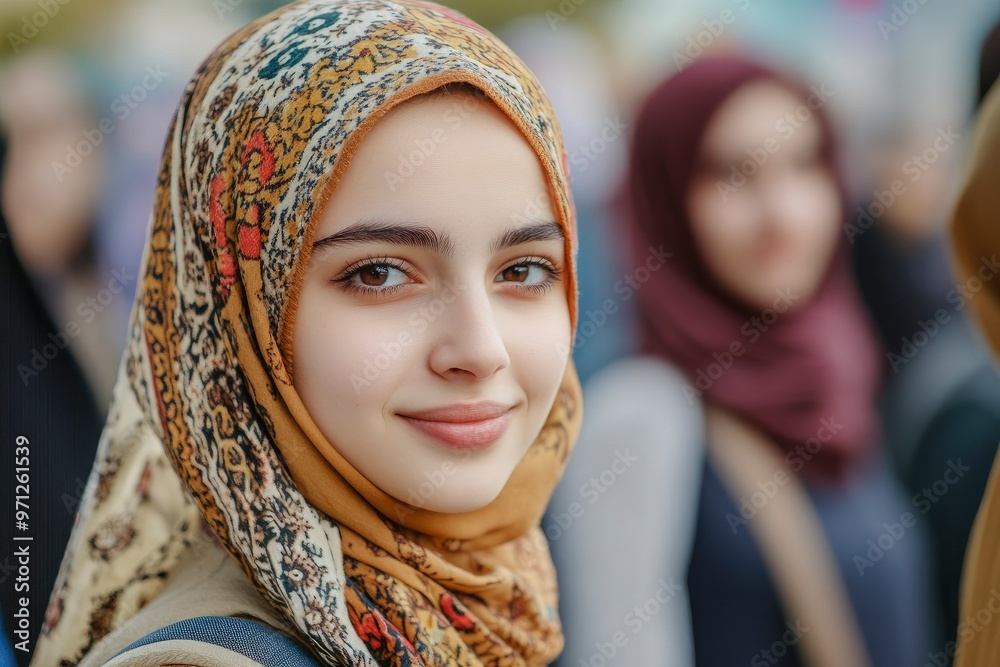 International Women's Day. Portrait of a young muslim woman with her friends in the background with generative ai International Women's Day. Portrait of a young muslim woman with her friends in the background with generative ai