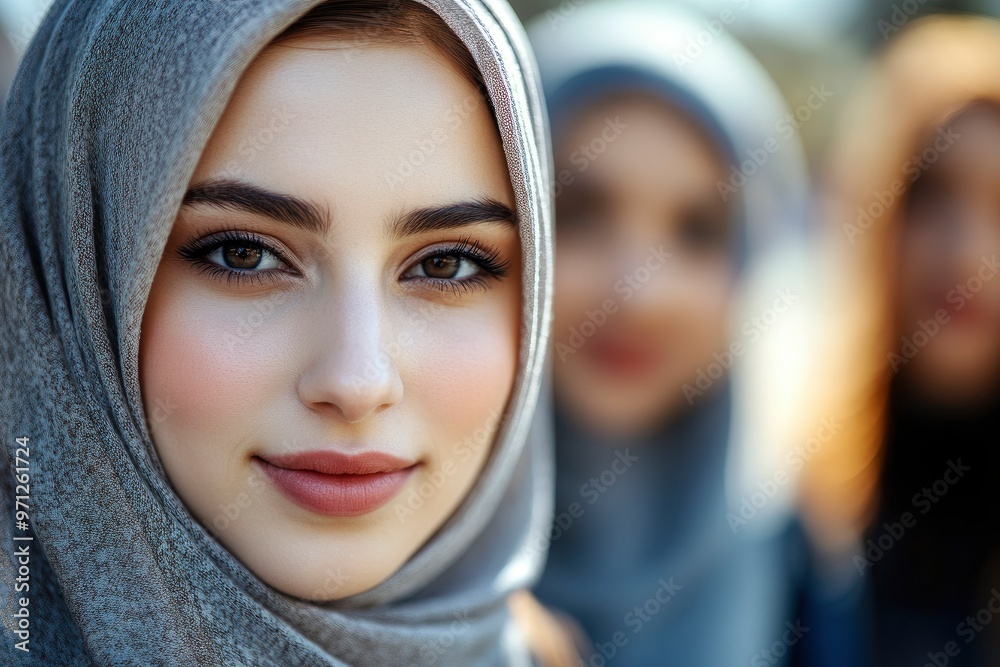 International Women's Day. Portrait of a young muslim woman with her friends in the background with generative ai International Women's Day. Portrait of a young muslim woman with her friends in the background with generative ai