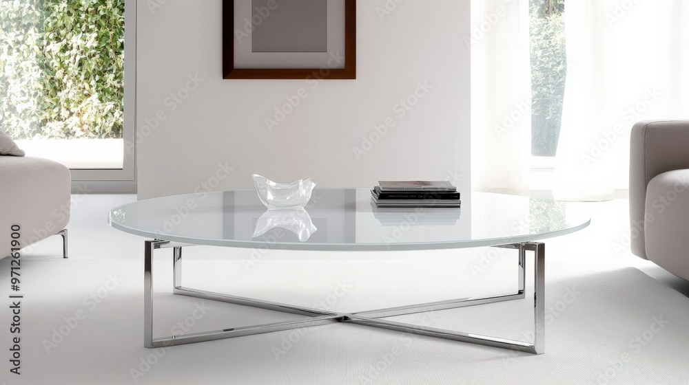 A modern glass coffee table with chrome legs, elegantly displayed in a bright, minimalist living room setting. A modern glass coffee table with chrome legs, elegantly displayed in a bright, minimalist living room setting.