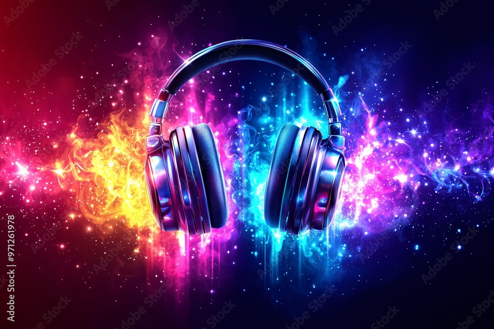 Headphones in a Colorful Smoke and Sparkles Atmosphere Headphones in a Colorful Smoke and Sparkles Atmosphere