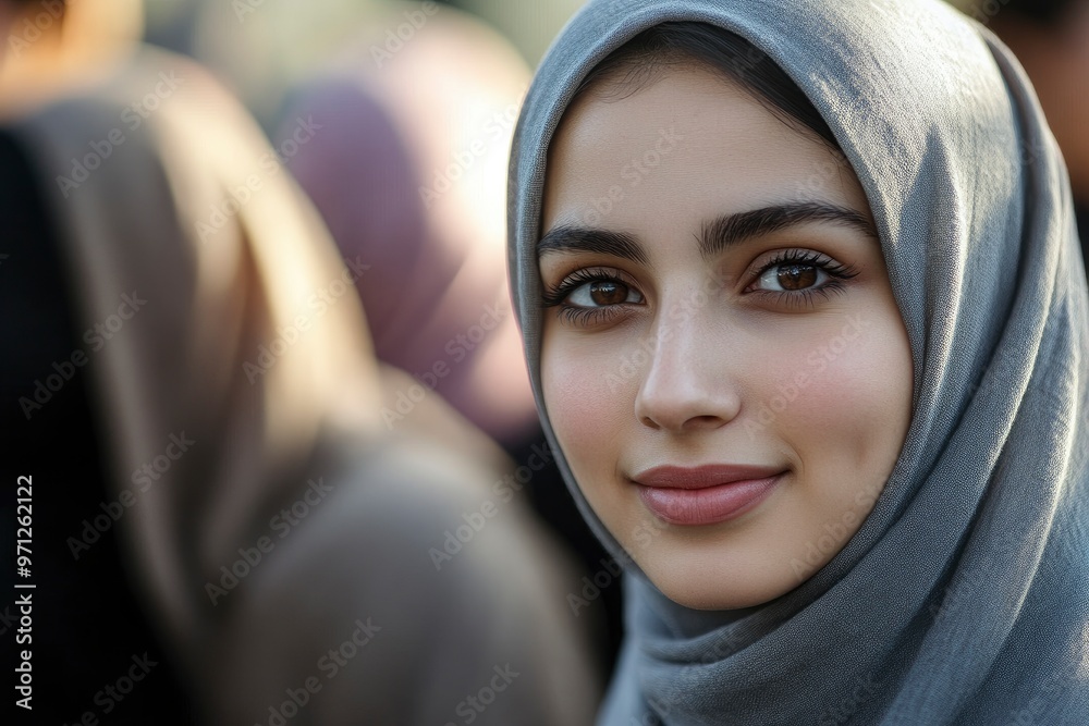 International Women's Day. Portrait of a young muslim woman with her friends in the background with generative ai International Women's Day. Portrait of a young muslim woman with her friends in the background with generative ai