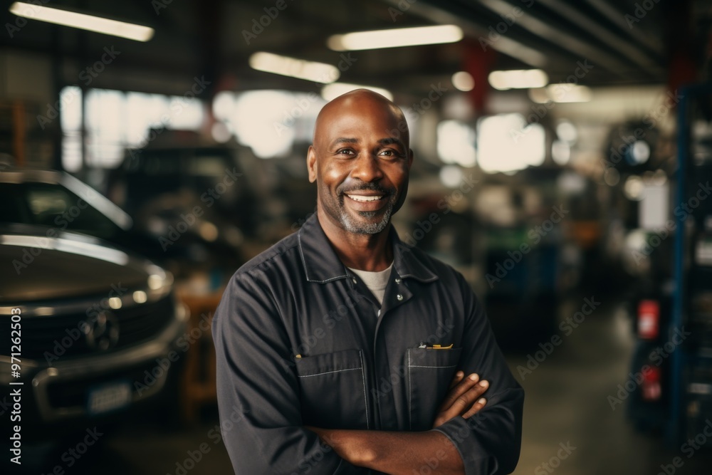 Portrait of a smiling middle aged African American mechanic in workshop