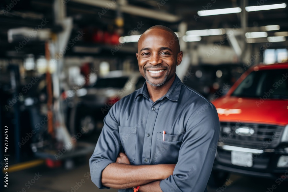 Portrait of a smiling middle aged African American mechanic in workshop Portrait of a smiling middle aged African American mechanic in workshop