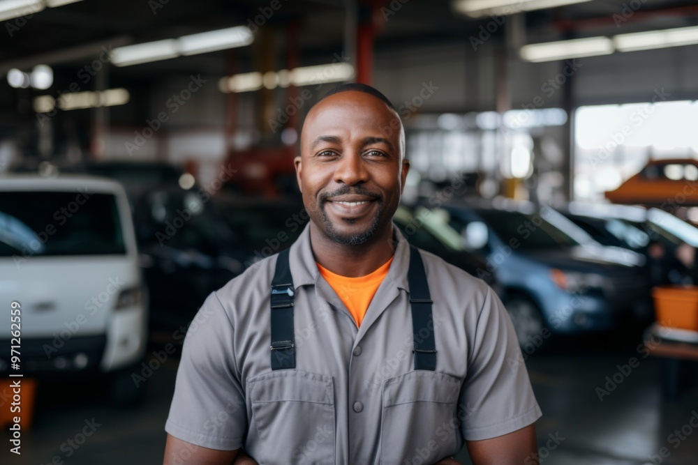 Portrait of a smiling middle aged African American mechanic in workshop Portrait of a smiling middle aged African American mechanic in workshop