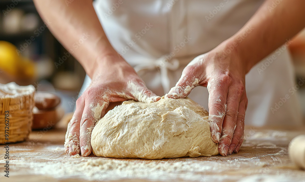 hands kneading bread dough with flour and water in a kitchen hands kneading bread dough with flour and water in a kitchen