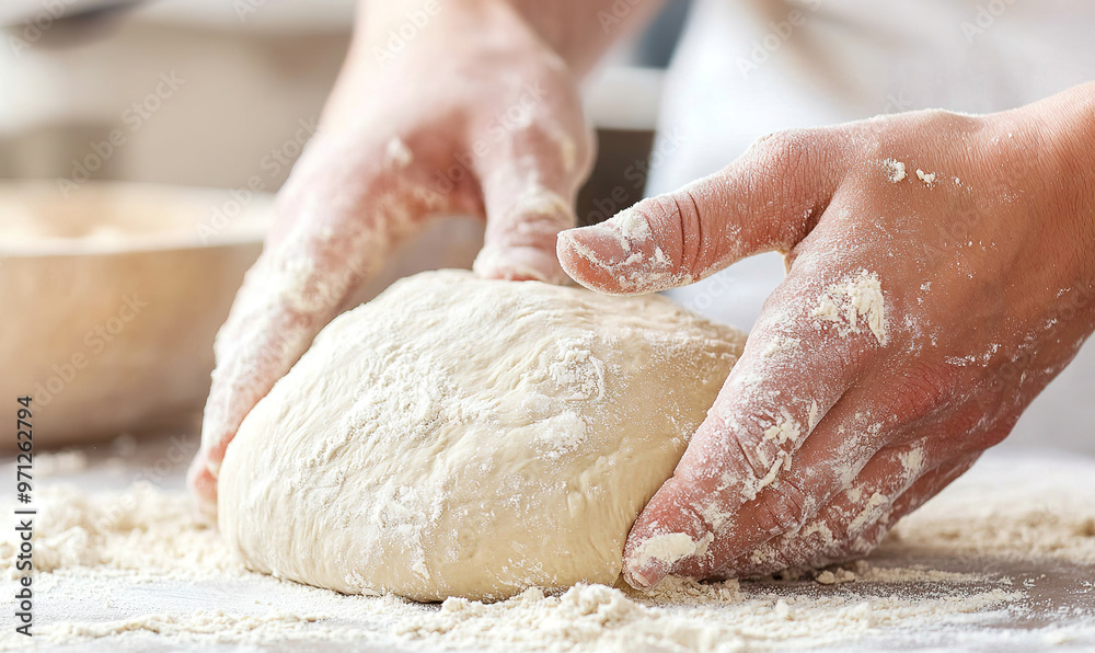 hands kneading bread dough with flour and water in a kitchen hands kneading bread dough with flour and water in a kitchen
