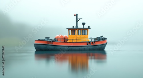 Tugboat on Misty River, Vibrant Colors