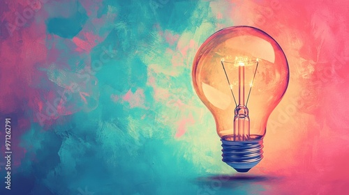 Modern Light Bulb Icon in Minimal Style on Bright Colorful Background