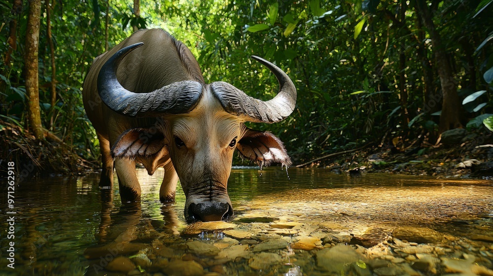 Fototapeta premium Water Buffalo Drinking in Tropical Stream