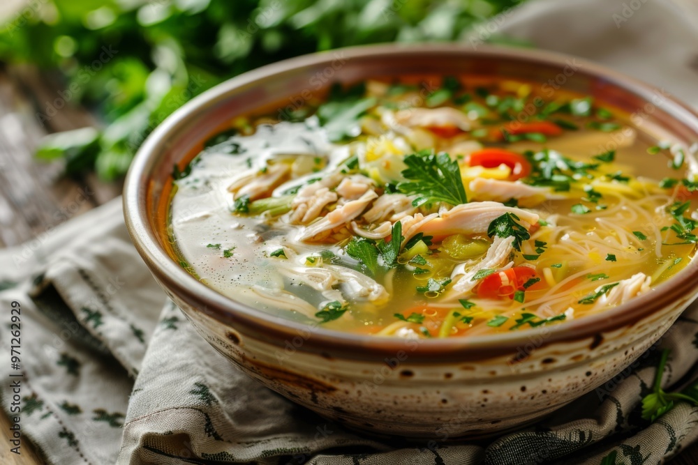 A bowl of soto ayam, a clear chicken soup with noodles and herbs A bowl of soto ayam, a clear chicken soup with noodles and herbs