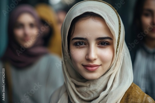 International Women's Day. Portrait of a young muslim woman with her friends in the background with generative ai