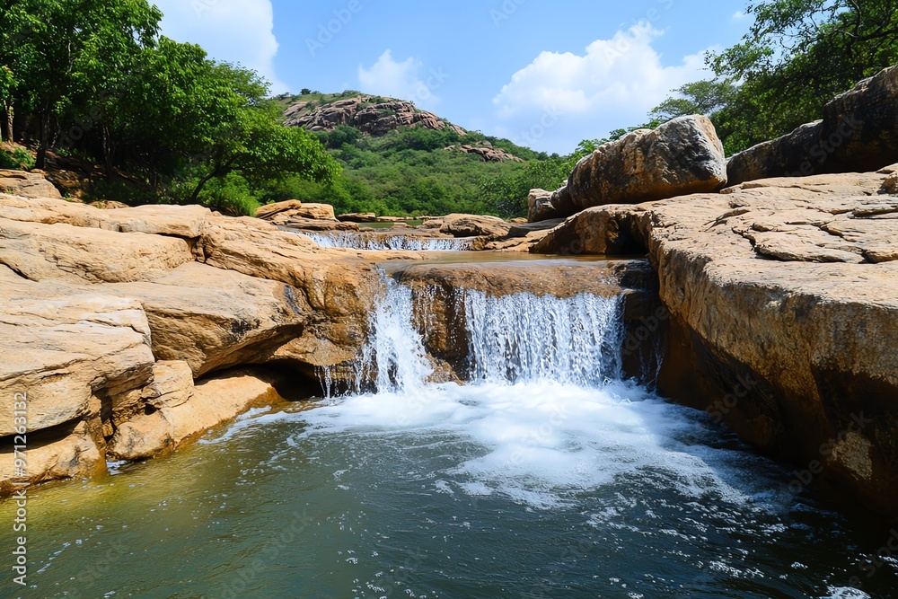 Naklejka premium A waterfall cascading over large boulders, the rushing water smoothing the rocks as it flows into a serene pool below