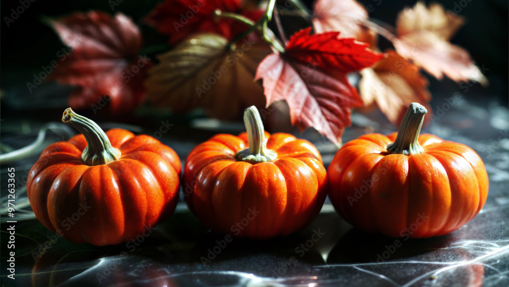 © Zoya - Three small pumpkins with autumn leaves on a dark reflective surface