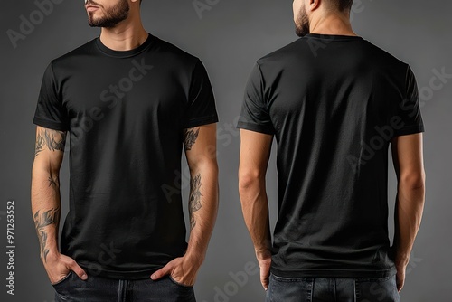 Modern black t-shirt mockup displaying front and back views on a male model in a photo studio, ideal for fashion branding.