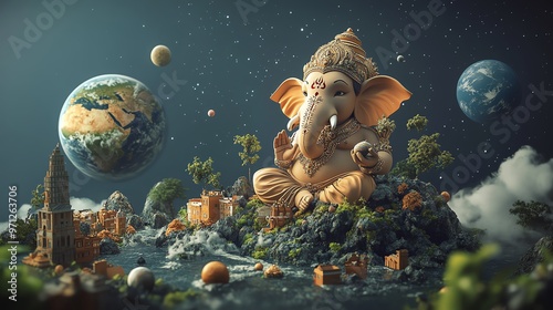 Digital art illustration of Ganesha, the Hindu god of beginnings, wisdom, and good fortune, sitting on a rock in a cosmic landscape.