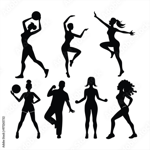 Fitness dance silhouette set, gym workout silhouette set.