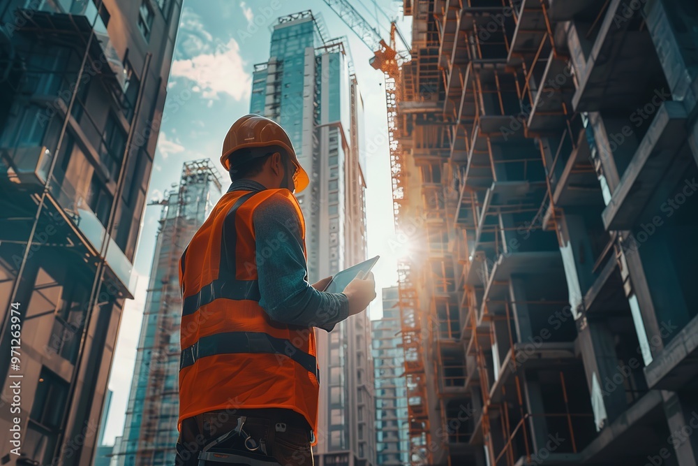 Construction worker in a hard hat and safety vest using a tablet while inspecting a high-rise building under construction, with cranes and skyscrapers in the background Construction worker in a hard hat and safety vest using a tablet while inspecting a high-rise building under construction, with cranes and skyscrapers in the background