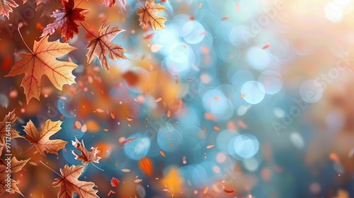 Autumn Leaves Falling Against a Blurred Blue Background