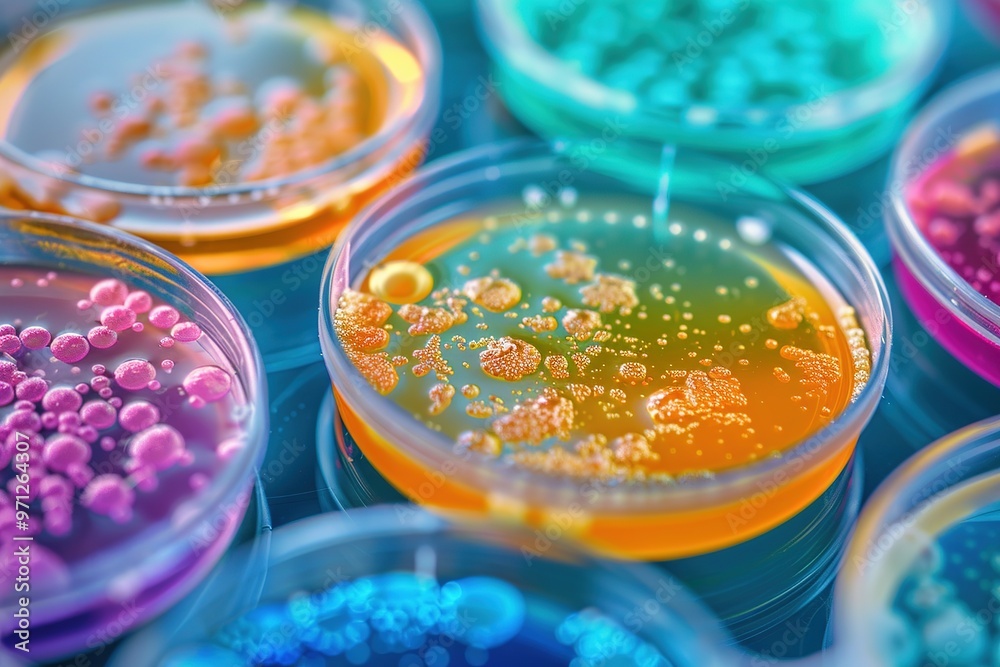 Colorful liquid bubbles suspended in a petri dish under a microscope, representing a vibrant scientific experiment or biological research in a laboratory setting Colorful liquid bubbles suspended in a petri dish under a microscope, representing a vibrant scientific experiment or biological research in a laboratory setting