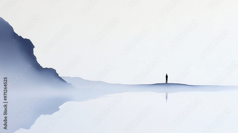 Fototapeta premium Solitary Figure by the Ocean, Chinese brush painting, Captures a tranquil moment of a man facing the vast sea, Emphasizes minimalism and harmony with nature.