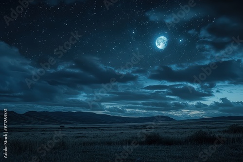 Moonlit night landscape with a stunning sky filled with clouds and stars, perfect for a serene wallpaper.