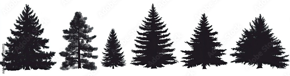 Obraz premium Silhouettes of various evergreen trees create a natural and tranquil forest scene, perfect for nature-themed projects.