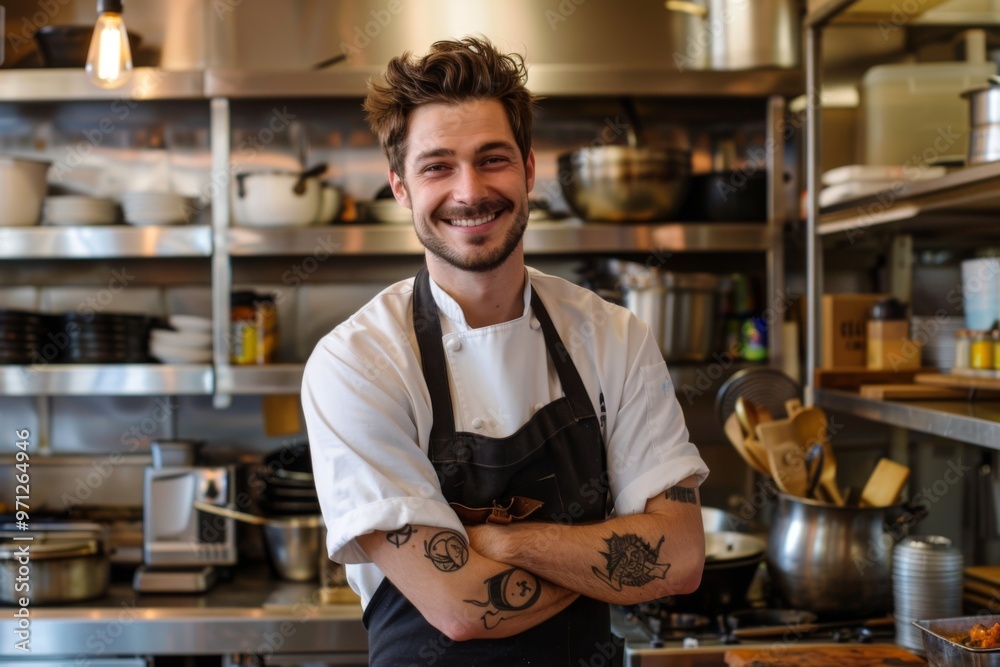 Portrait of a smiling American chef in commercial kitchen Portrait of a smiling American chef in commercial kitchen