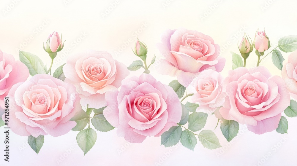 Delicate pink roses with soft petals and green leaves, creating a serene and elegant floral arrangement. Delicate pink roses with soft petals and green leaves, creating a serene and elegant floral arrangement.