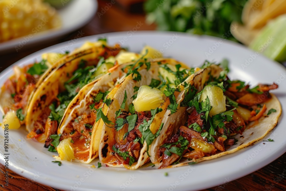 A plate of tacos al pastor with pineapple and cilantro A plate of tacos al pastor with pineapple and cilantro