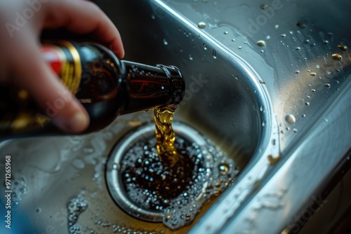 Dark Liquid from Bottle Into Drain