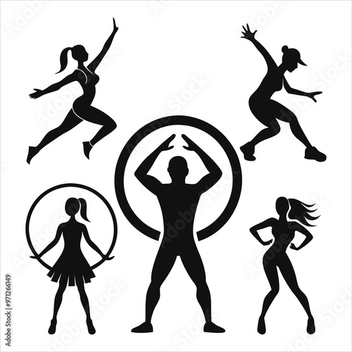 Fitness dance silhouette set, gym workout silhouette set.