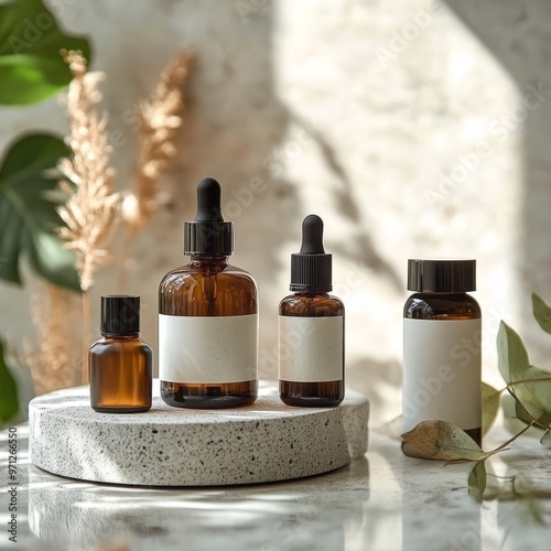 Essential Oil Bottles Mockup with Natural Elements and Concrete Podium
