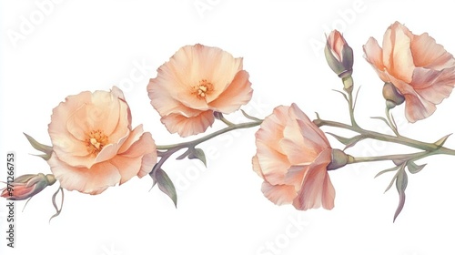 A delicate illustration of peach-colored flowers and buds on a white background. photo