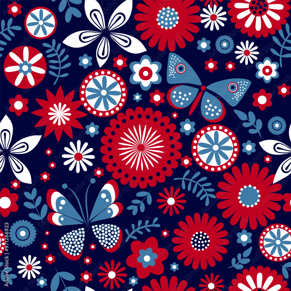 bright butterflies on a background of colored flowers. seamless pattern bright butterflies on a background of colored flowers. seamless pattern