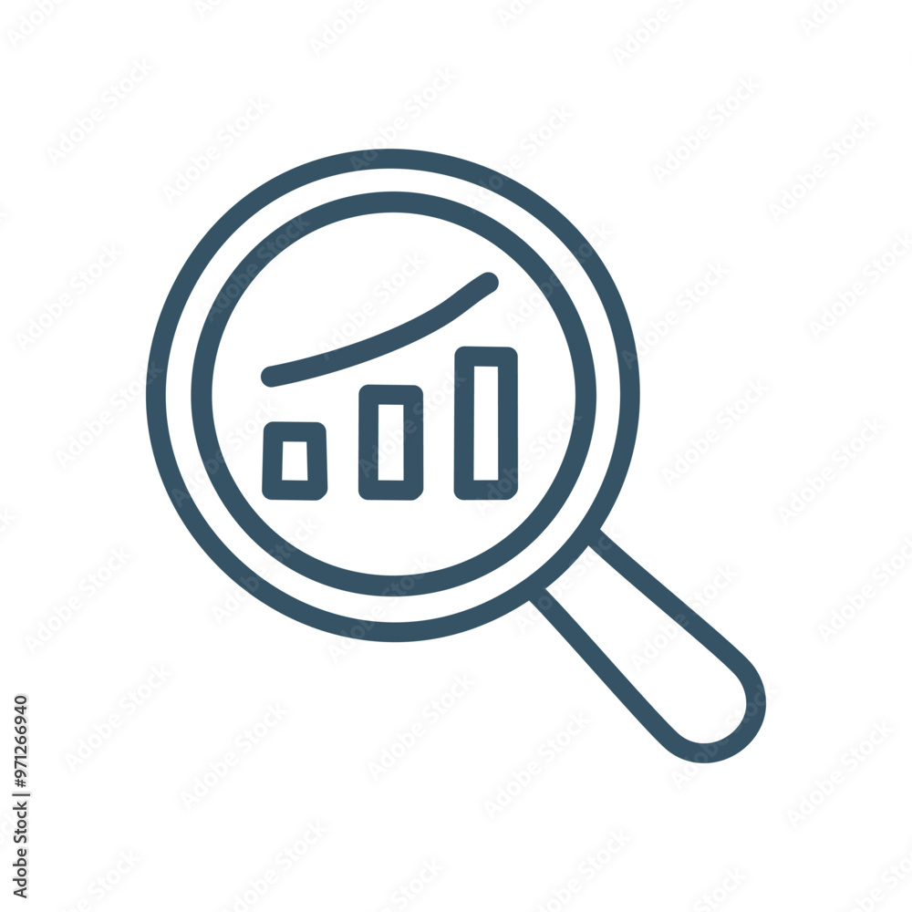 Magnifying glass graph. Magnifying glass focused on upward trend graph, symbolizing data analysis and improvement. Magnifying glass graph. Magnifying glass focused on upward trend graph, symbolizing data analysis and improvement.