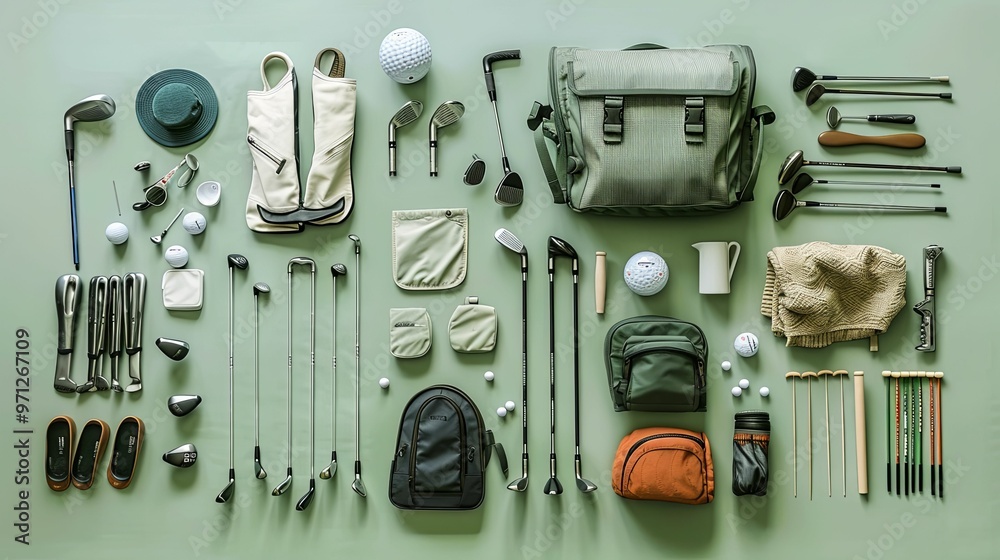 Flat Lay Composition of Golf Equipment and Accessories Flat Lay Composition of Golf Equipment and Accessories