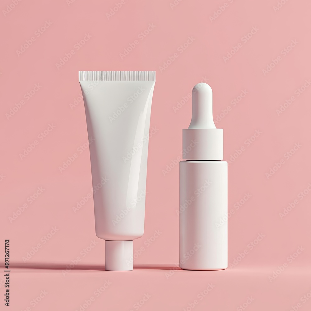 White Cosmetic Bottles on Pink Background White Cosmetic Bottles on Pink Background