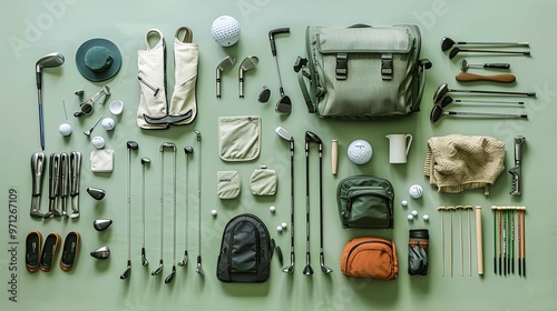 Flat Lay Composition of Golf Equipment and Accessories