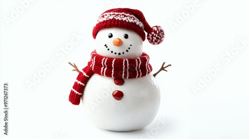 A snowman with a red knitted hat and scarf.