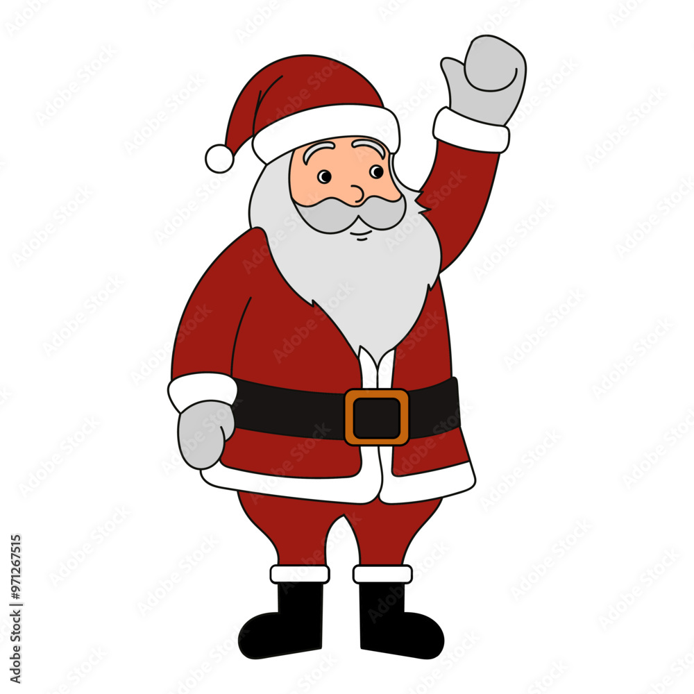 Cheerful Cartoon Santa Waving in Red Suit and Hat Cheerful Cartoon Santa Waving in Red Suit and Hat