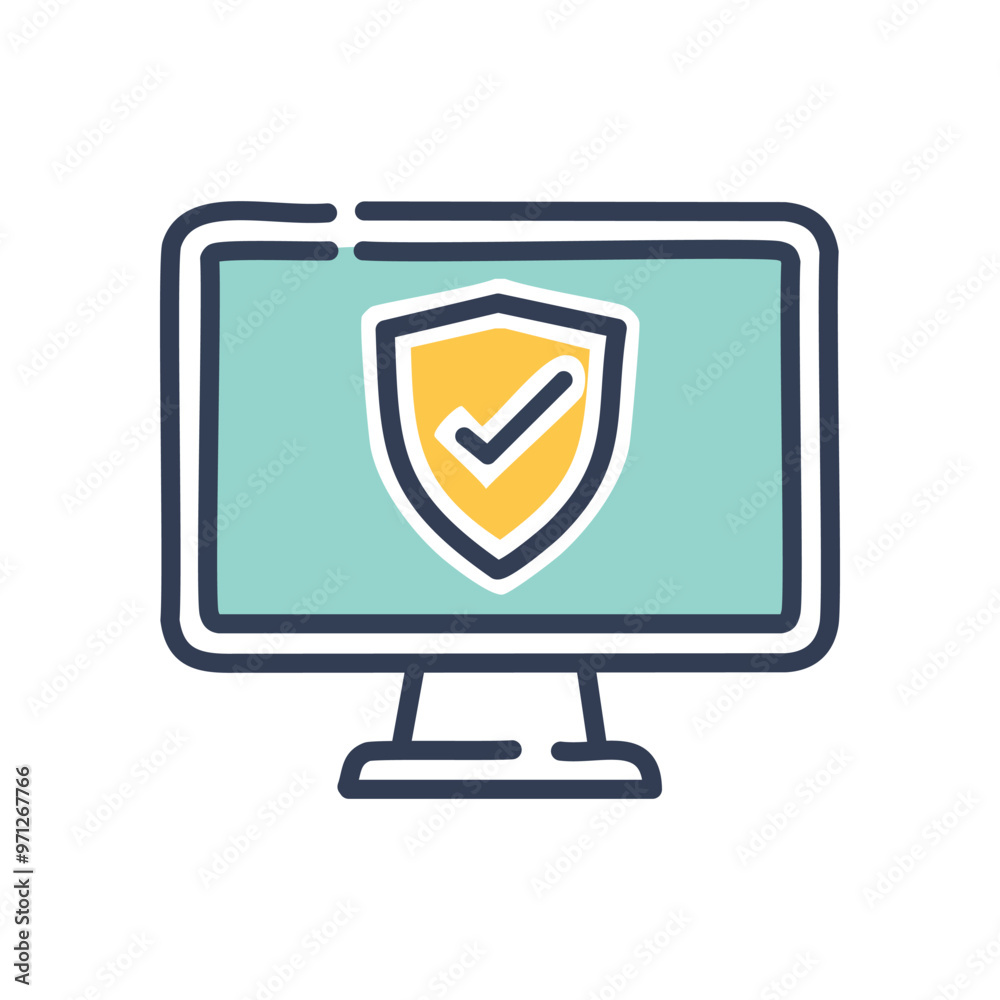 Computer security shield. Computer monitor with a shield and a checkmark inside, symbolizing secure data and online protection. Computer security shield. Computer monitor with a shield and a checkmark inside, symbolizing secure data and online protection.