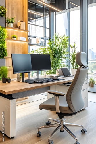 Modern office desk with ergonomic chair and two monitors.